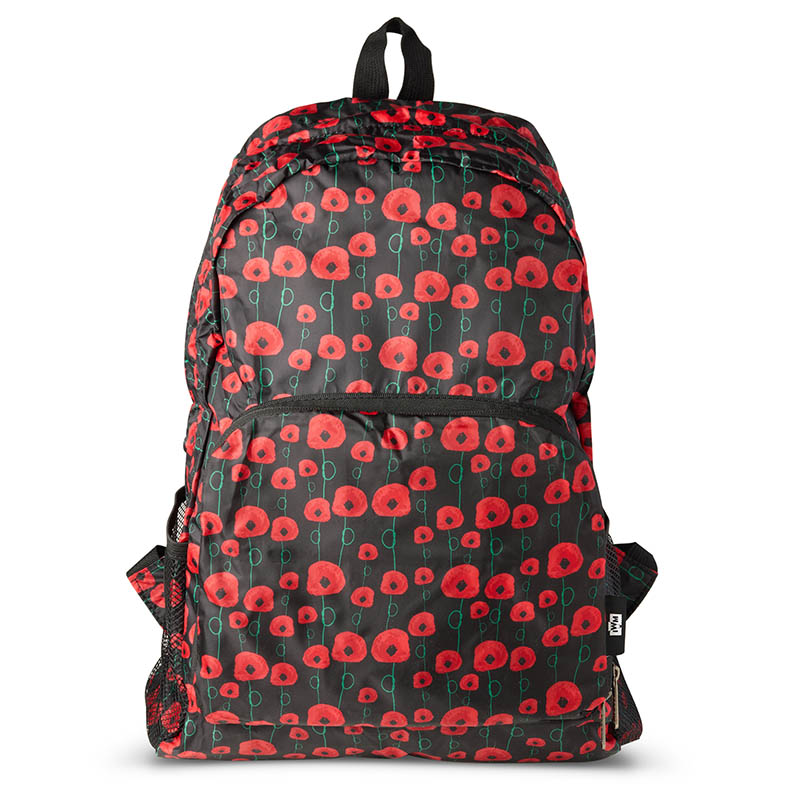 field poppy backpack with front and side zip pockets and top handle